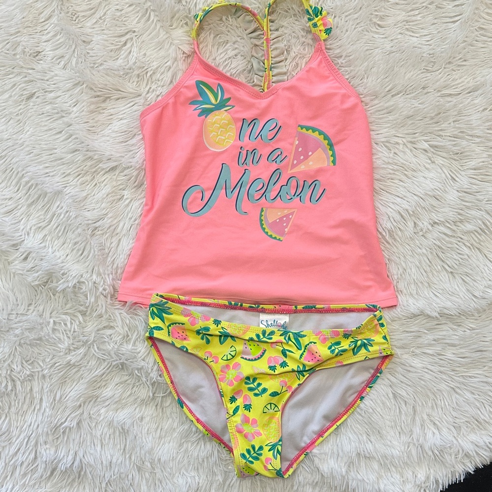 Girls Pink & Yellow 'One in a Melon' Tankini Swim Set